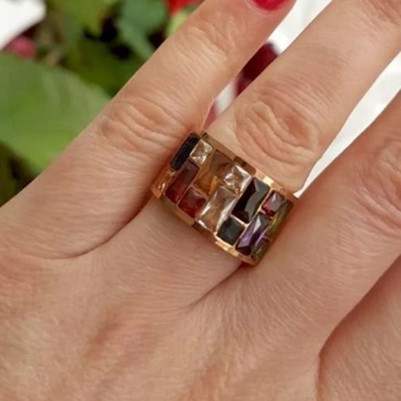 Gold solid titanium multi color Swarovski crystal boho ring sz 9 new - Picture 8 of 9